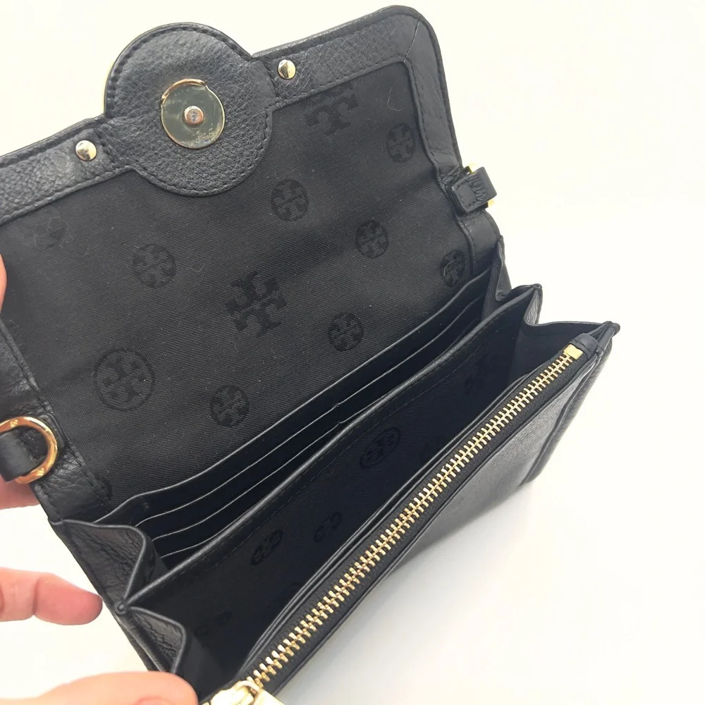 Authentic Tory Burch Black Leather Clutch Wallet W/ Unbranded Chain - Picture 7 of 10